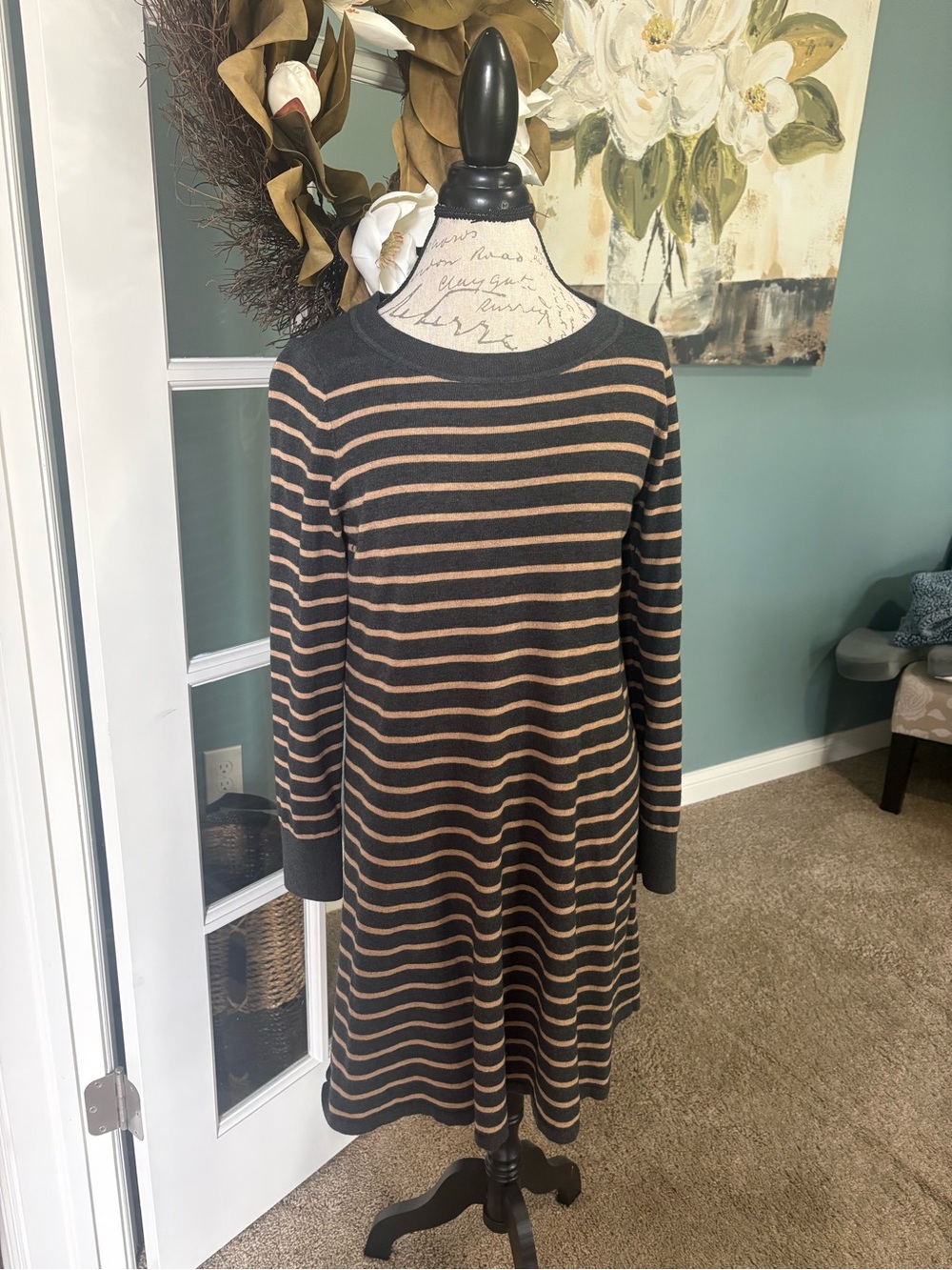 LOFT Black and Tan Striped Midi Sweater Dress